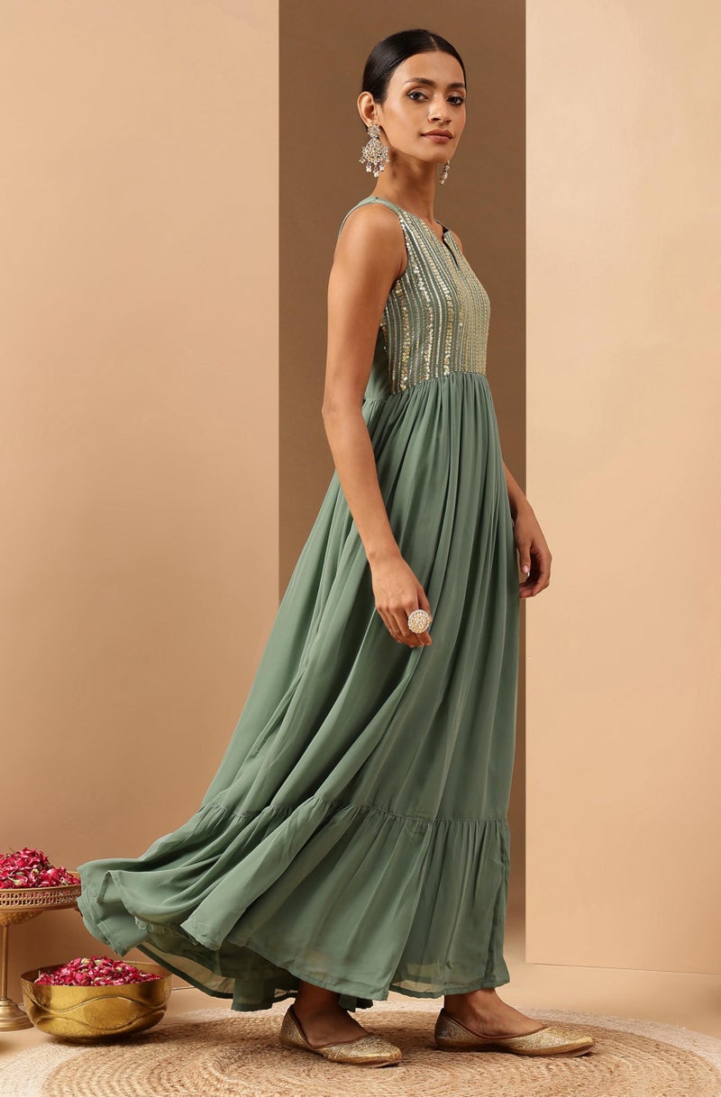 Janasya Women's Sage Green Georgette Sequined Gathered Flared Gown(JAB25GW02848-XL) - Image 3