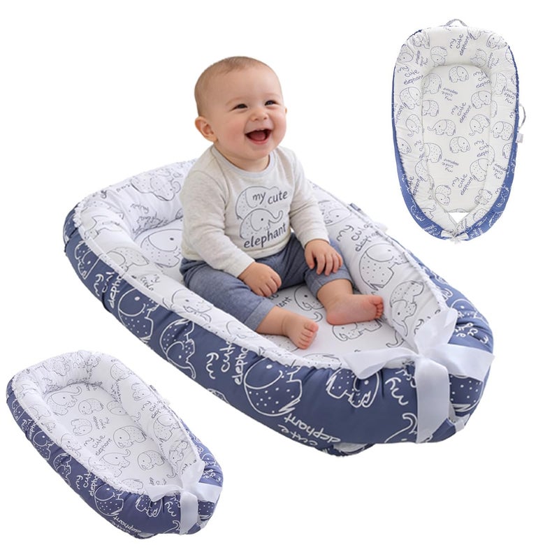 Loevin Baby Lounger for Newborn (0-24 Months) - 100% Cotton Baby Nest with Handles, 2-in-1 Play Mat & Diaper Changing Pad, Portable for Home & Travel, Infant Essentials Gifts (Elephant Blue) - Image 1