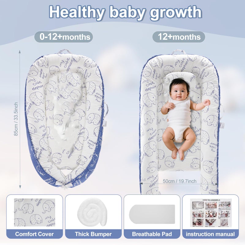 Loevin Baby Lounger for Newborn (0-24 Months) - 100% Cotton Baby Nest with Handles, 2-in-1 Play Mat & Diaper Changing Pad, Portable for Home & Travel, Infant Essentials Gifts (Elephant Blue) - Image 5