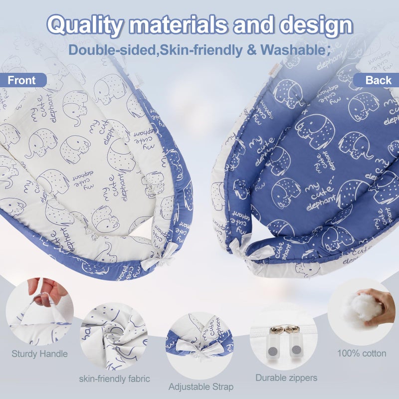 Loevin Baby Lounger for Newborn (0-24 Months) - 100% Cotton Baby Nest with Handles, 2-in-1 Play Mat & Diaper Changing Pad, Portable for Home & Travel, Infant Essentials Gifts (Elephant Blue) - Image 3