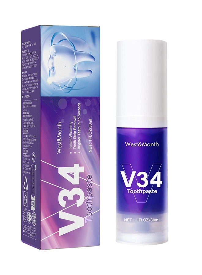 West&Month V34 Toothpaste -Teeth Whitening Mousse， Color Correcting Purple Toothpaste Mousse，Whitening Foam Toothpaste for Stain Removal，Teeth Cleaning and Care