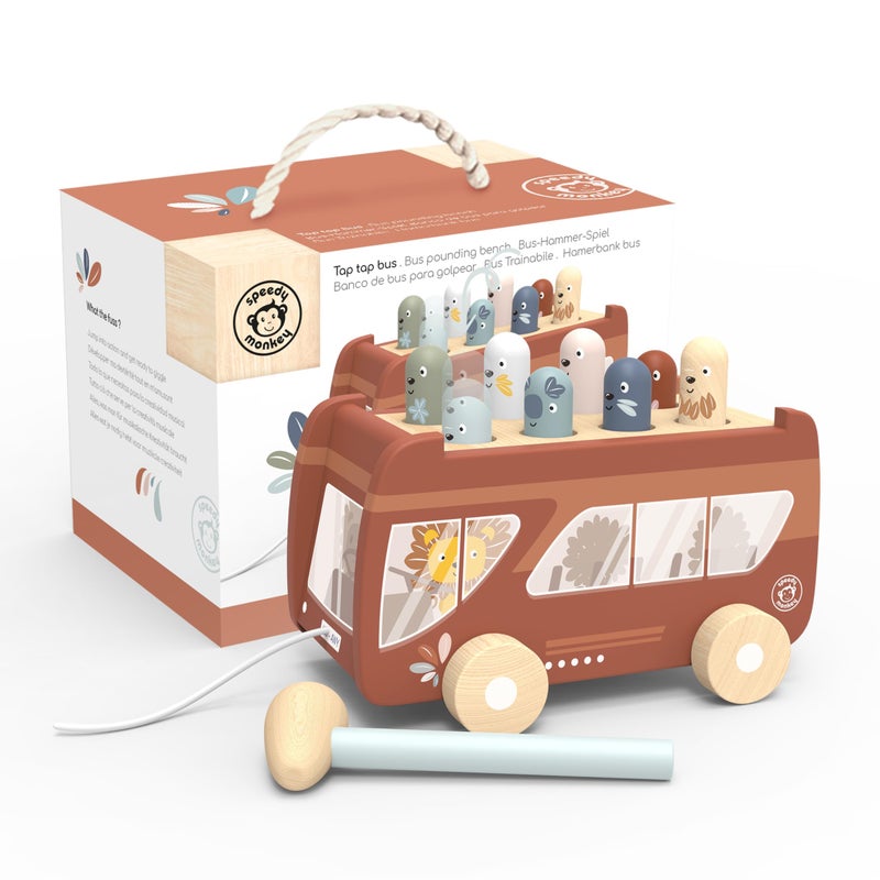 Speedy Monkey Bus Pounding Bench PullAlong Bus with Hammering Activity 8 Wooden Characters Enhances HandEye Coordination Safe Design NonToxic Paint Educational Toy for Kids 25 Years - Image 3