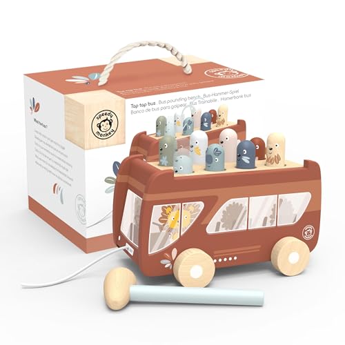 Speedy Monkey Bus Pounding Bench PullAlong Bus with Hammering Activity 8 Wooden Characters Enhances HandEye Coordination Safe Design NonToxic Paint Educational Toy for Kids 25 Years - Image 1