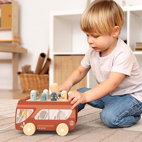 Speedy Monkey Bus Pounding Bench PullAlong Bus with Hammering Activity 8 Wooden Characters Enhances HandEye Coordination Safe Design NonToxic Paint Educational Toy for Kids 25 Years - Image 5