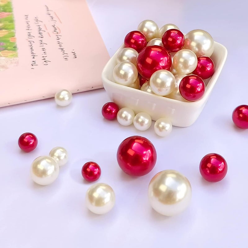 LWQYHTT Pearl for Vase Filler and Transparent Water Gels No Hole Pearl Beads for Wedding Centerpiece Home Table Decor, Pearls for Brush Holder 130PCS (Creamy White, Red) - Image 3