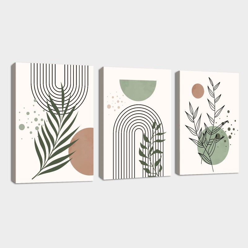 3Pcs Modern Paintings Green Sage Boho Print on Canvas with Frame, Abstract Nordic Green Plant Leaf Painting Canvas Wall Art Poster Wall Decor Living Room Bedroom 30 x 40 x 3