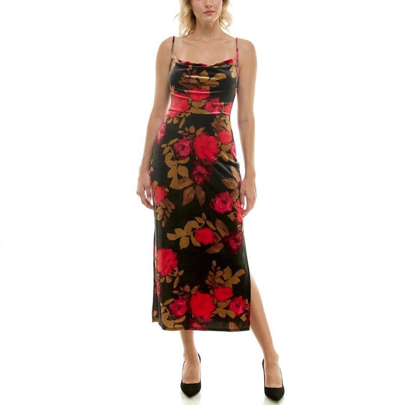Taylor Dresses Women's Floral Velvet Spaghetti Strap Slip Midi Dress, Black Fushion Pink,14 - Image 1