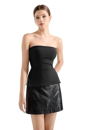 SUUKSESS Women Double Lined Going Out Trendy Tube Tops Side Split Sexy Strapless Tank Tops (Black,S) - Image 2