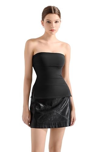 SUUKSESS Women Double Lined Going Out Trendy Tube Tops Side Split Sexy Strapless Tank Tops (Black,S) - Image 4