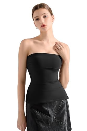SUUKSESS Women Double Lined Going Out Trendy Tube Tops Side Split Sexy Strapless Tank Tops (Black,S) - Image 1