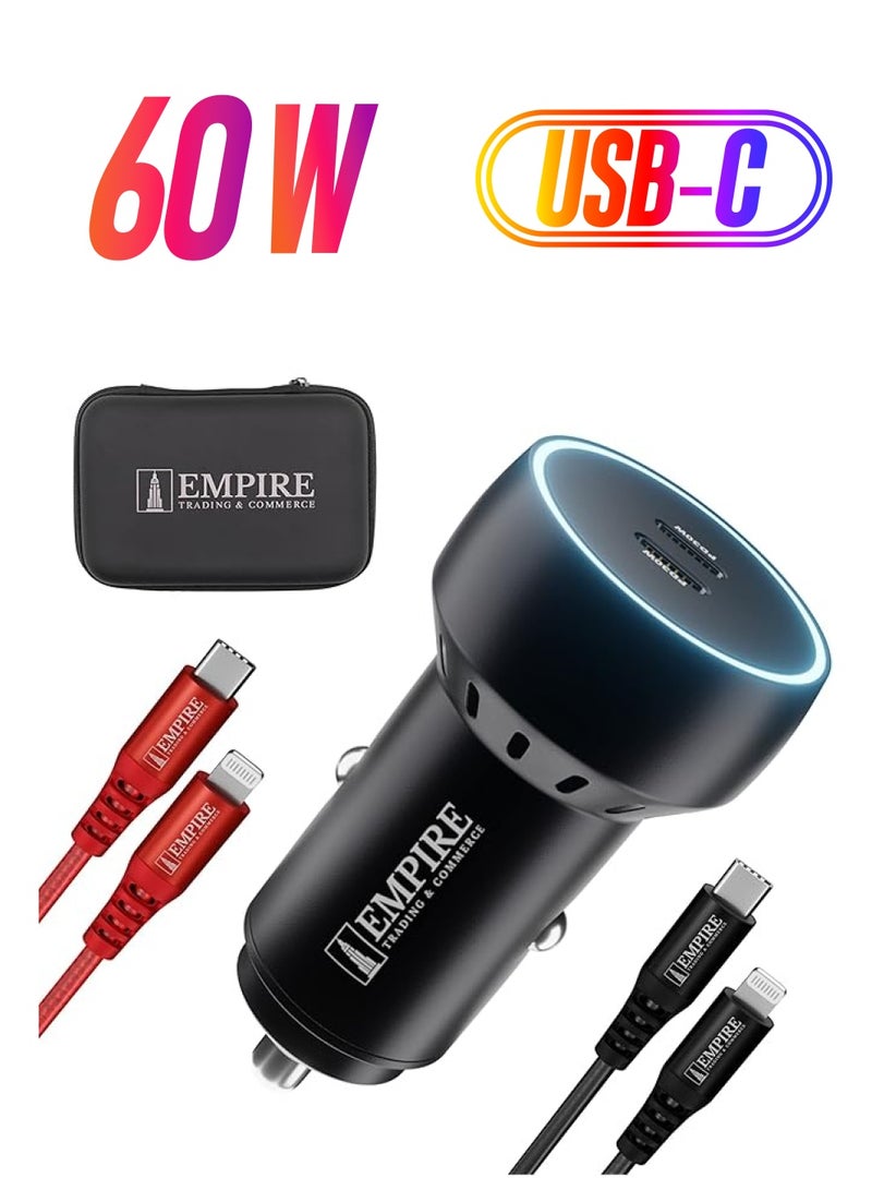 PROMASS Fast Car Charger with PD 60W Dual Port + 2 Phone Charger iPhone Cables (3m & 1m) USB C Car Charger, iPhone Car Charger Fast Charging Technology with FREE Air Freshener & Overcharging Protection - Image 1