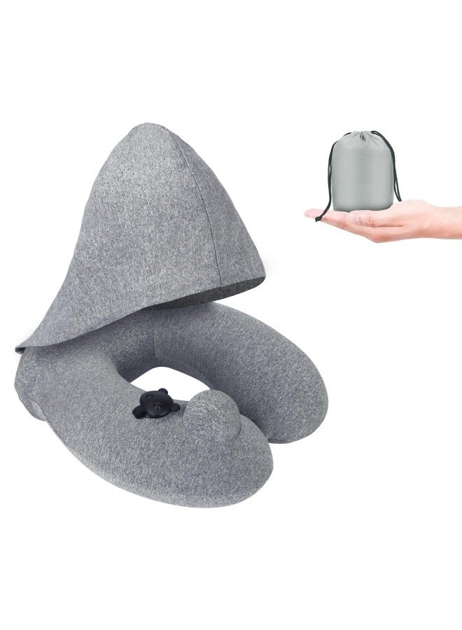 GGEROU Inflatable Travel Pillow, Ergonomic Push Adult Hooded Travel Neck Pillow Memory Foam, Inflatable Travel Pillow Cushion for Airplane Car Train Camping  - Image 1
