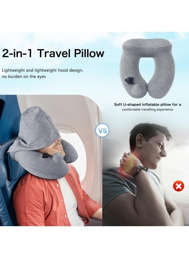 GGEROU Inflatable Travel Pillow, Ergonomic Push Adult Hooded Travel Neck Pillow Memory Foam, Inflatable Travel Pillow Cushion for Airplane Car Train Camping  - Image 2