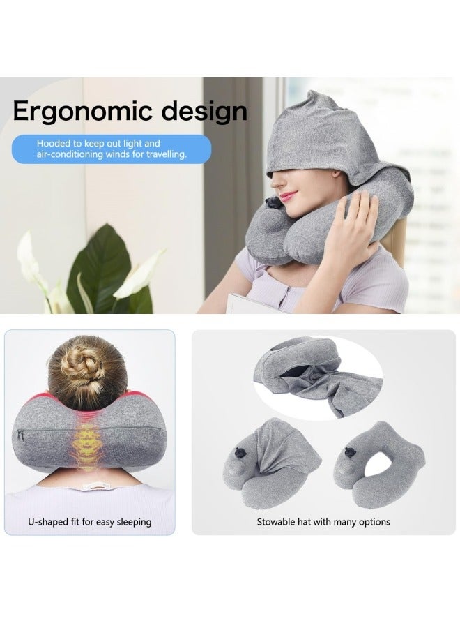 GGEROU Inflatable Travel Pillow, Ergonomic Push Adult Hooded Travel Neck Pillow Memory Foam, Inflatable Travel Pillow Cushion for Airplane Car Train Camping  - Image 3