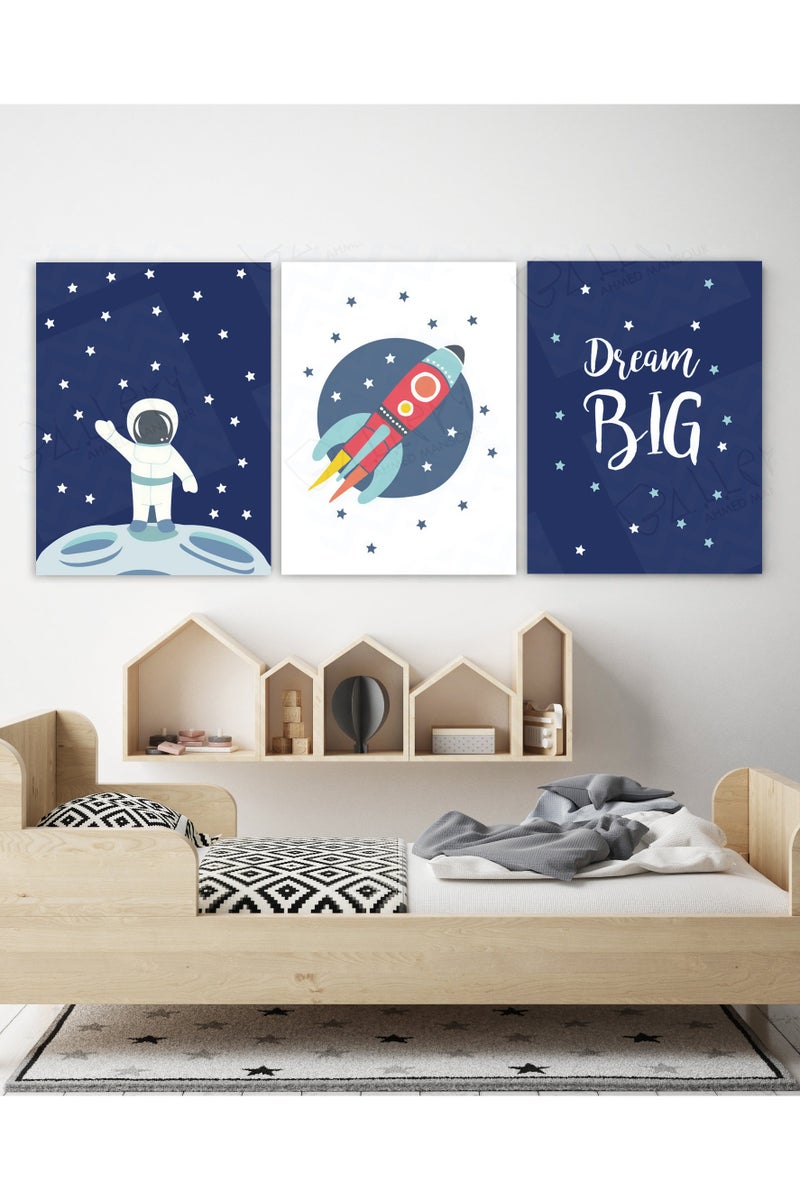 Tableau of three  quotes for kids room  - nursery room, dream big spaceman- solar system