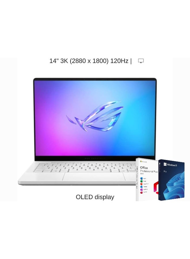 أسوس (نسخة مطورة) لابتوب ROG Zephyrus بشاشة 14 بوصة بدقة 2.8K، مع معالج AMD Ryzen 9 270/ذاكرة RAM سعة 16 جيجابايت/قرص SSD سعة 4 تيرابايت/بطاقة رسومات NVIDIA RTX 5060 سعة 8 جيجابايت/نظام Windows 11 Pro + Office مدى الحياة 2024 باللون الأبيض البلاتيني - Image 1