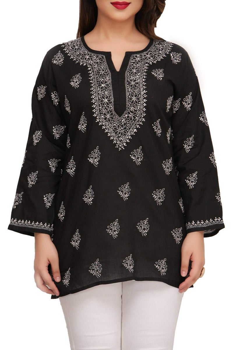 Ada Women's Cotton Top Tunic Hand Embroidered Lucknowi Chikankari Short Top A210717 Black (S, Regular Fit) - Image 5