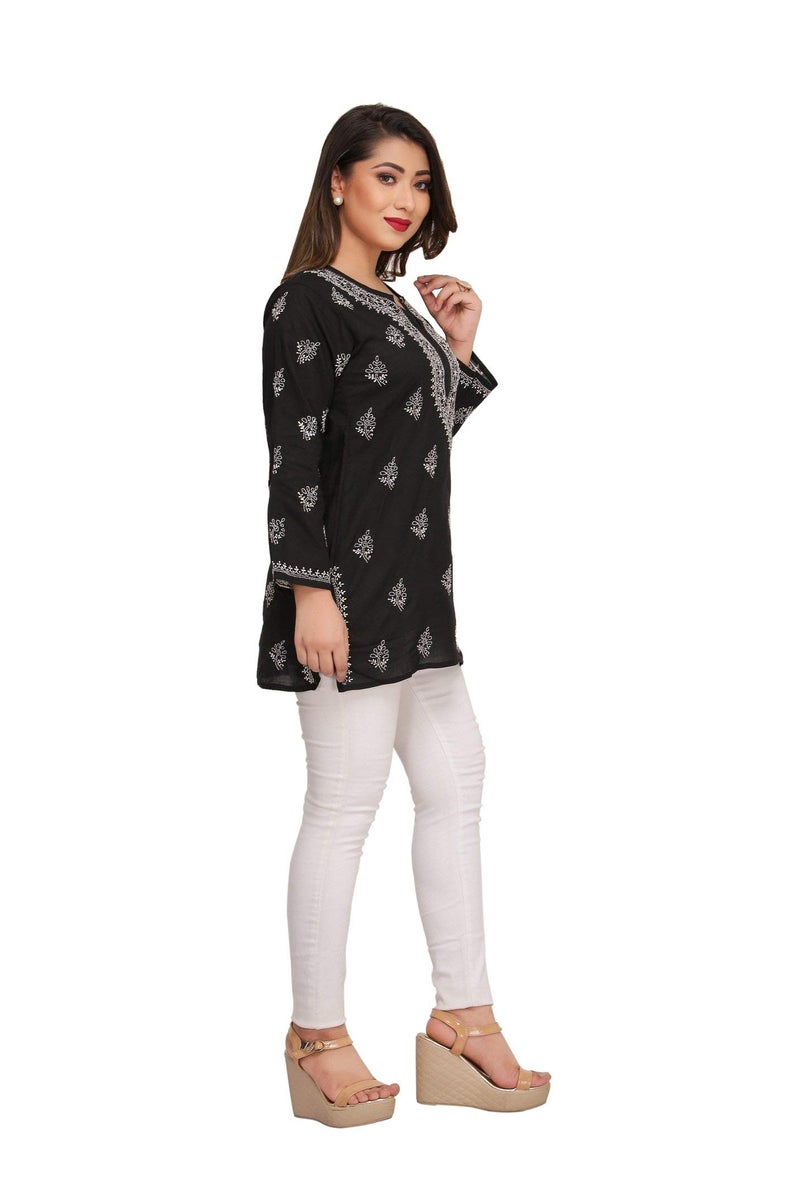Ada Women's Cotton Top Tunic Hand Embroidered Lucknowi Chikankari Short Top A210717 Black (S, Regular Fit) - Image 4