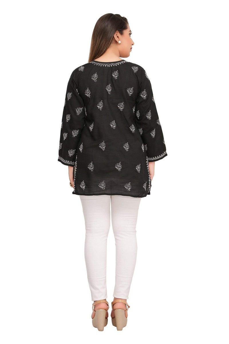 Ada Women's Cotton Top Tunic Hand Embroidered Lucknowi Chikankari Short Top A210717 Black (S, Regular Fit) - Image 3