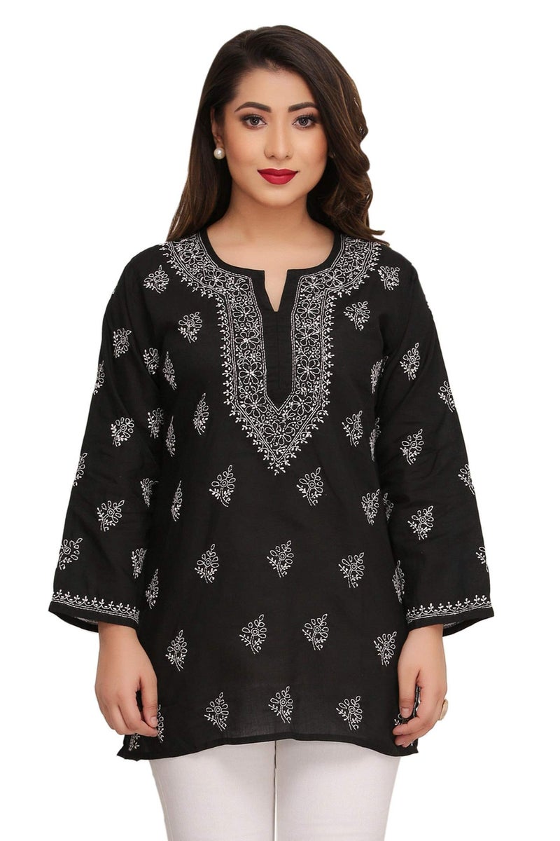 Ada Women's Cotton Top Tunic Hand Embroidered Lucknowi Chikankari Short Top A210717 Black (S, Regular Fit) - Image 1