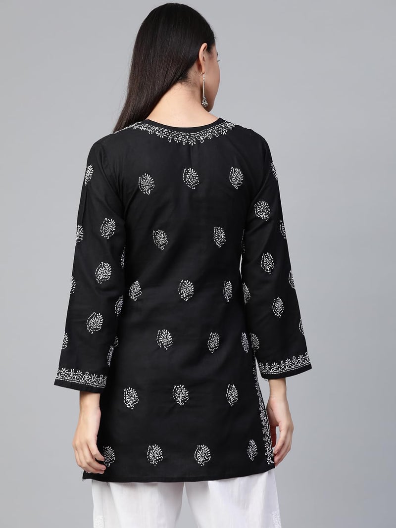 Ada Women's Cotton Top Tunic Hand Embroidered Lucknowi Chikankari Short Top A210717 Black (S, Regular Fit) - Image 2