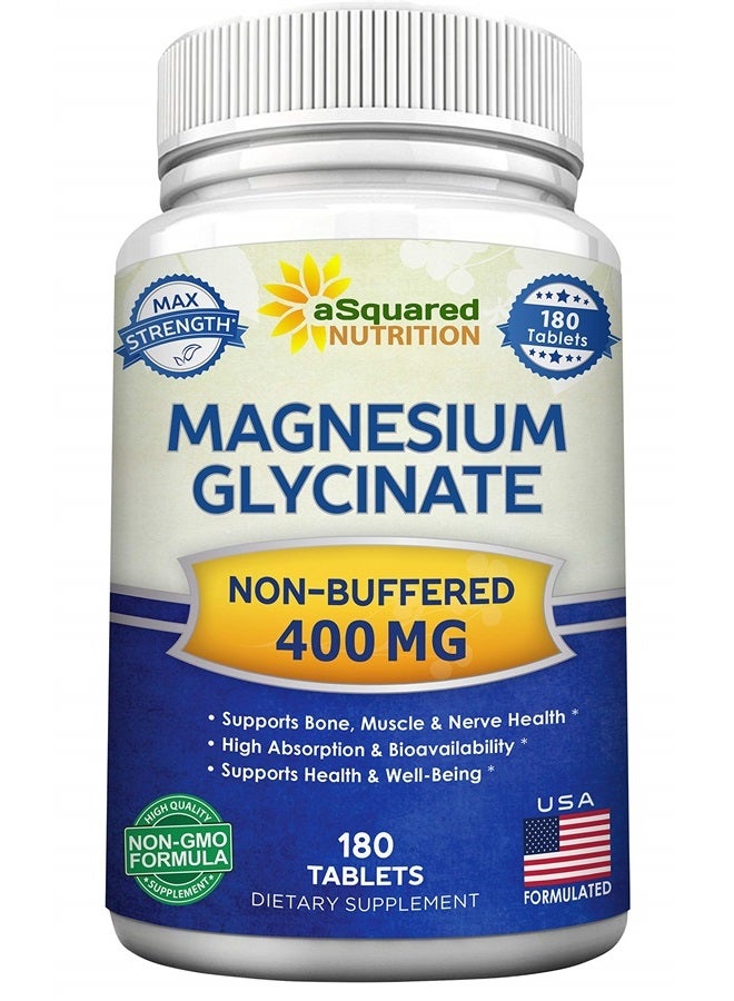 aSquared Nutrition Magnesium Glycinate 400mg - 180 Tablets - Max Strength Magnesium Bisglycinate Supplement - Maximum Bioavailability & Absorption - Non-GMO - Not Buffered - Supports Muscles, Bones & Heart - Image 1