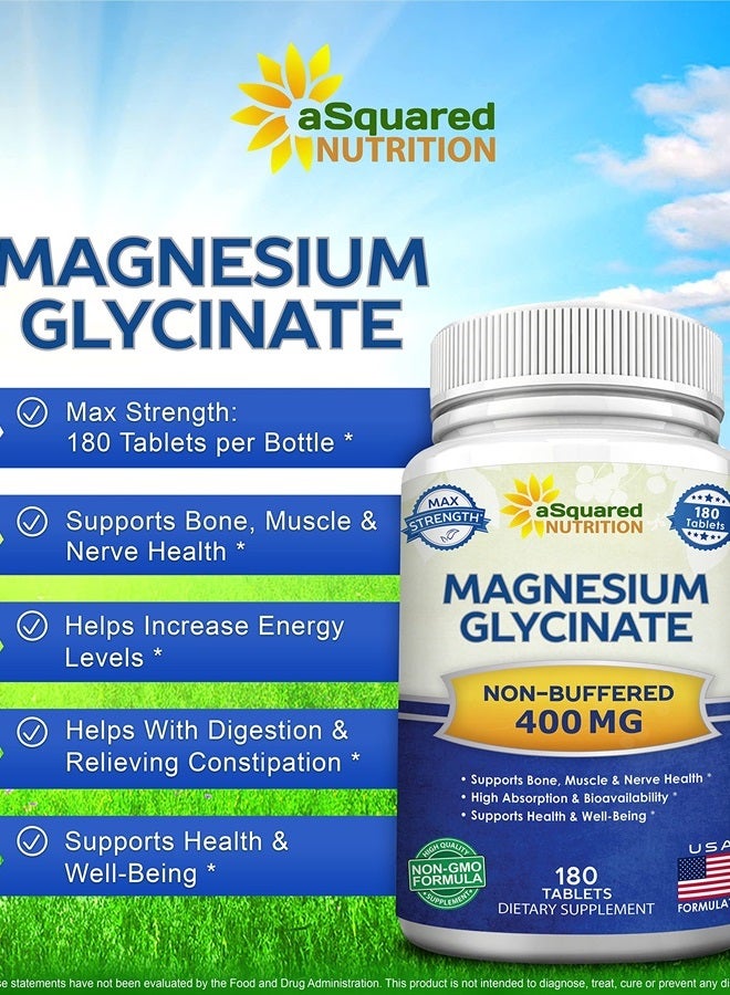aSquared Nutrition Magnesium Glycinate 400mg - 180 Tablets - Max Strength Magnesium Bisglycinate Supplement - Maximum Bioavailability & Absorption - Non-GMO - Not Buffered - Supports Muscles, Bones & Heart - Image 2