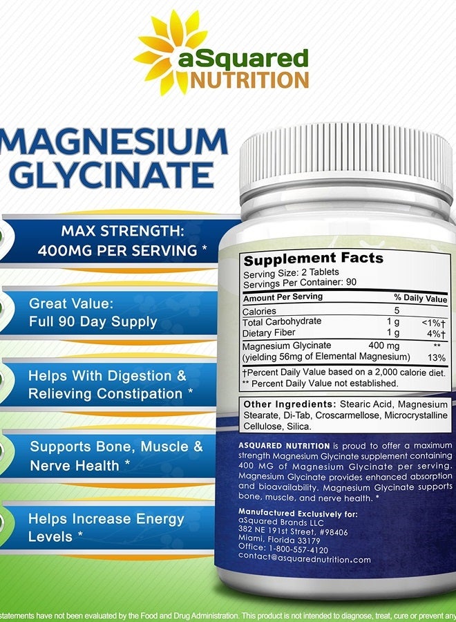 aSquared Nutrition Magnesium Glycinate 400mg - 180 Tablets - Max Strength Magnesium Bisglycinate Supplement - Maximum Bioavailability & Absorption - Non-GMO - Not Buffered - Supports Muscles, Bones & Heart - Image 4
