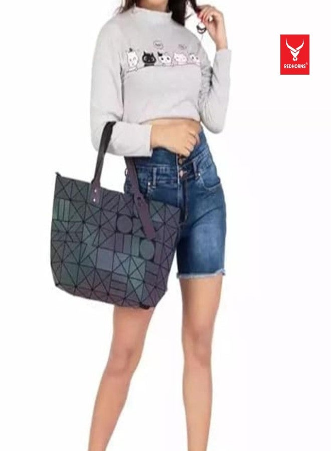 REDHORNS Holographic Luminous Handbag For Women, Ladies Travel Bag Colour Changing Reflective Tote Bag, Multi Geometric Pattern Womens Bag - Image 5