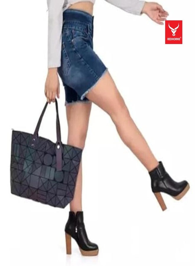 REDHORNS Holographic Luminous Handbag For Women, Ladies Travel Bag Colour Changing Reflective Tote Bag, Multi Geometric Pattern Womens Bag - Image 4