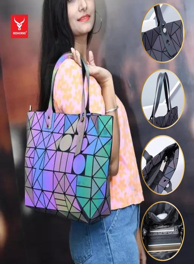 REDHORNS Holographic Luminous Handbag For Women, Ladies Travel Bag Colour Changing Reflective Tote Bag, Multi Geometric Pattern Womens Bag - Image 3