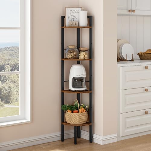Tajsoon Tall Corner Book Shelf 4 Tier 48 Multipurpose Corner Standing Shelf with Metal Frame Bedroom Living Room Office Kitchen Rustic Brown - Image 1