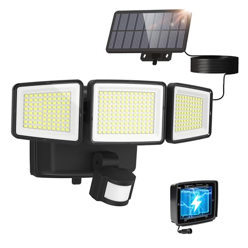 UME Hybrid Solar and Battery Powered Motion Sensor Outdoor Lights 302 LED 1800LM IP65 Waterproof 3Head Motion Activated LED Flood Lights Energy Efficient Hybrid Security Light for Garden Patio - Image 1