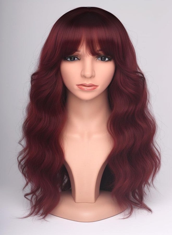 SYMEIW 24 Inch Burgundy Wavy Wig with Bangs, Heat Resistant Synthetic Hair for Women, Adjustable Cap with Snap Clips for Daily Use, Wedding, Cosplay - Image 2