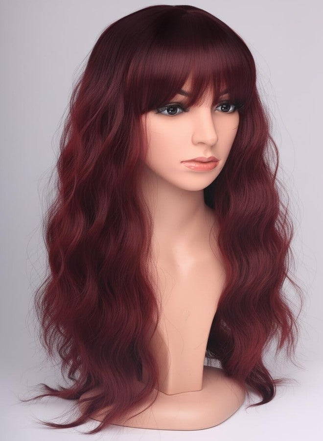 SYMEIW 24 Inch Burgundy Wavy Wig with Bangs, Heat Resistant Synthetic Hair for Women, Adjustable Cap with Snap Clips for Daily Use, Wedding, Cosplay - Image 5
