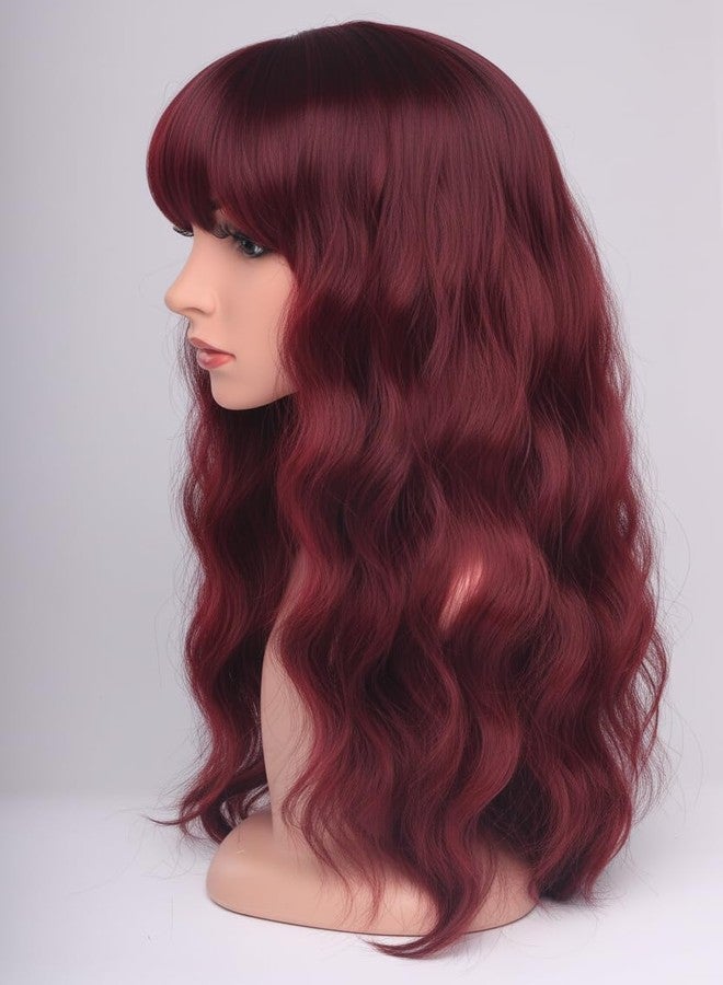 SYMEIW 24 Inch Burgundy Wavy Wig with Bangs, Heat Resistant Synthetic Hair for Women, Adjustable Cap with Snap Clips for Daily Use, Wedding, Cosplay - Image 4