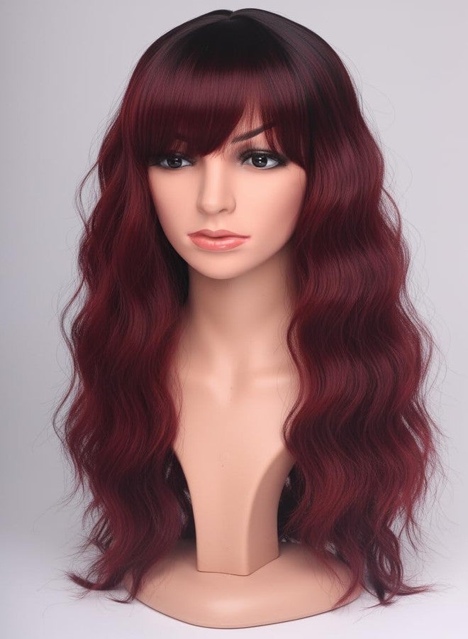 SYMEIW 24 Inch Burgundy Wavy Wig with Bangs, Heat Resistant Synthetic Hair for Women, Adjustable Cap with Snap Clips for Daily Use, Wedding, Cosplay - Image 3