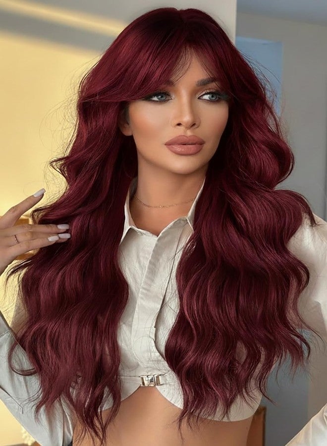 SYMEIW 24 Inch Burgundy Wavy Wig with Bangs, Heat Resistant Synthetic Hair for Women, Adjustable Cap with Snap Clips for Daily Use, Wedding, Cosplay - Image 1