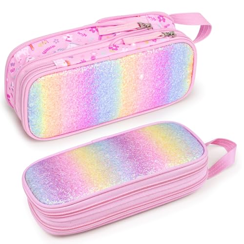 Bagseri Glitter Pencil Case for Girls - Expandable Kids Pencil Pouch Large Capacity Cute Pencil Bag for School, Pen Case Only (Pink, Unicorns) - Image 1