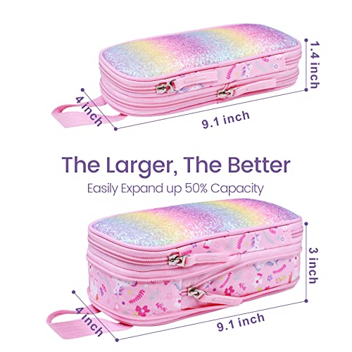 Bagseri Glitter Pencil Case for Girls - Expandable Kids Pencil Pouch Large Capacity Cute Pencil Bag for School, Pen Case Only (Pink, Unicorns) - Image 2