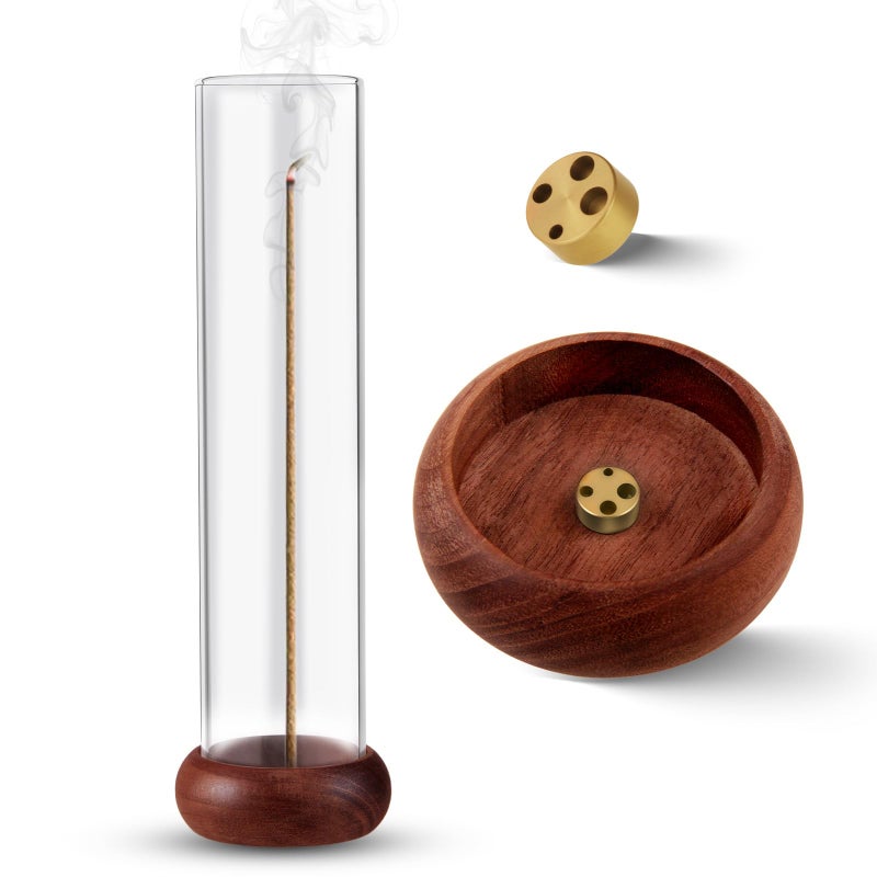 GDMOVFA Incense Holder,Walnut Wooden Incense Stick Holder with Detachable Glass Ash Catcher,Incense Bunner for Stick for Meditation Yoga Spa Gift - Image 1