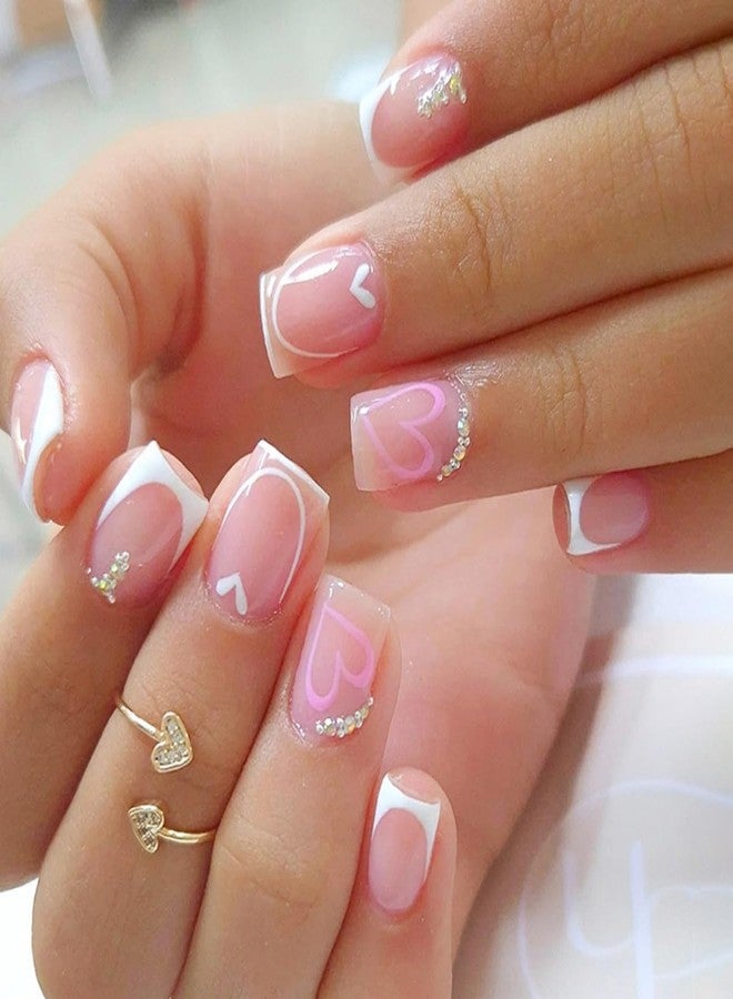 ROKHEVN Valentines Press on Nails Short Square Fake Nails French Tip Nails Press Ons with Design Love Heart Rhinestones Reuasble Glue on Nails Cute Acrylic Stick on Nail for Women Decorations 24Pcs - Image 1