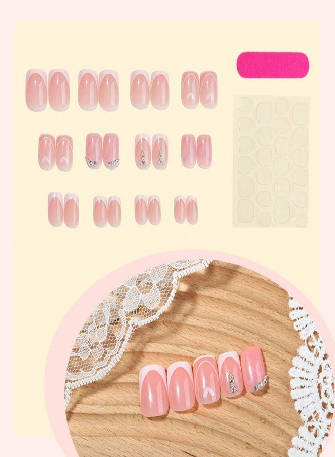 ROKHEVN Valentines Press on Nails Short Square Fake Nails French Tip Nails Press Ons with Design Love Heart Rhinestones Reuasble Glue on Nails Cute Acrylic Stick on Nail for Women Decorations 24Pcs - Image 2
