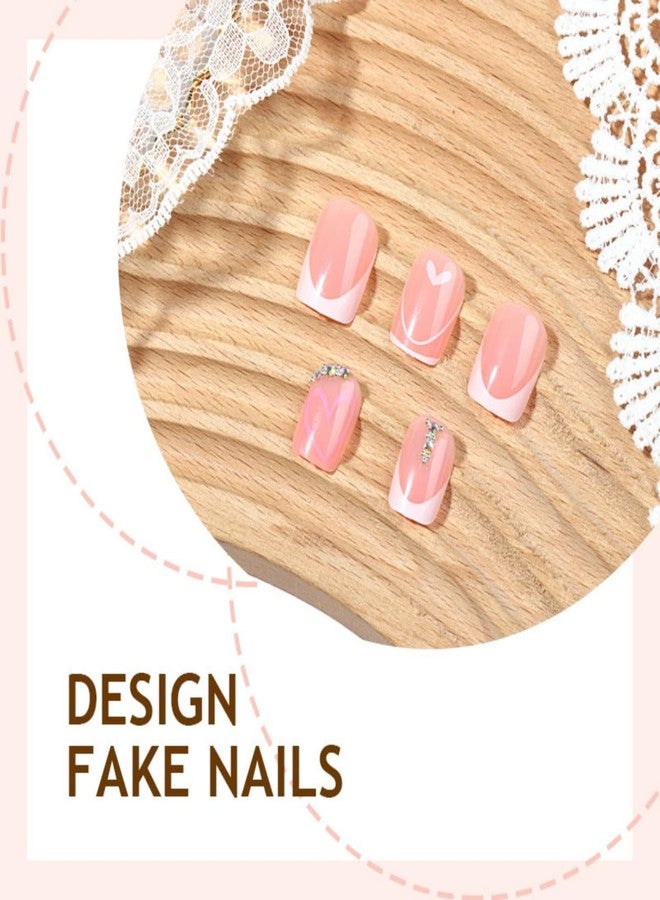 ROKHEVN Valentines Press on Nails Short Square Fake Nails French Tip Nails Press Ons with Design Love Heart Rhinestones Reuasble Glue on Nails Cute Acrylic Stick on Nail for Women Decorations 24Pcs - Image 3