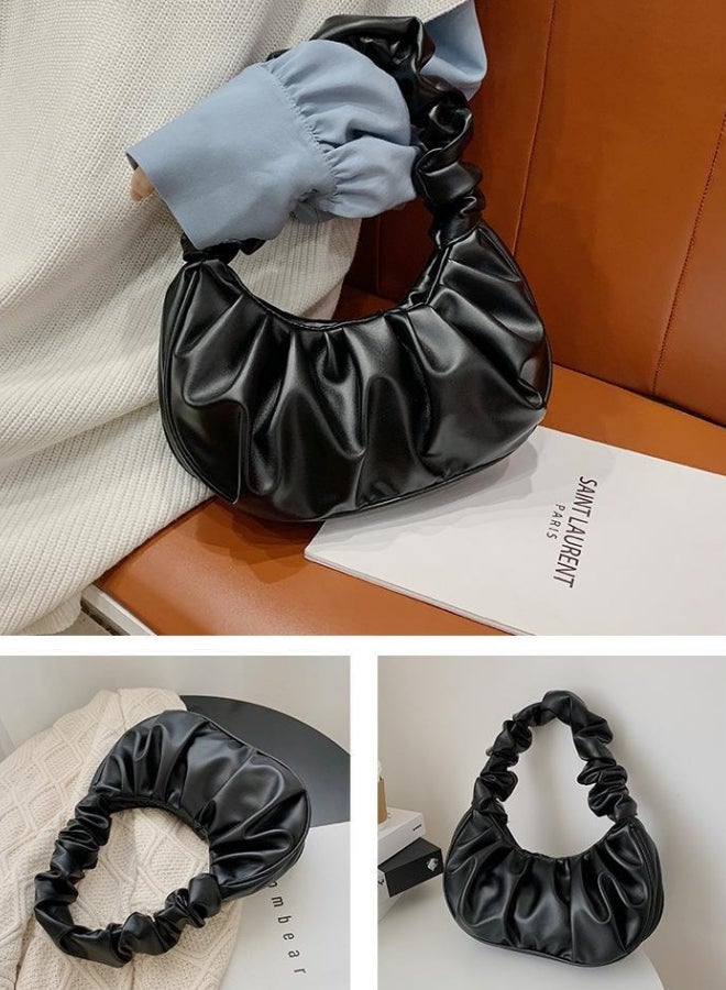 Women's PU Leather Satchel Bag, Ladies Retro Pleated Armpit Bag Shoulder Bag Tote Bags Clutch Bag, Portable Carrying Bag Side Bag Baguette Bag Beach Bag Phone Bag for Small Bag Girls/College Students  - Image 4