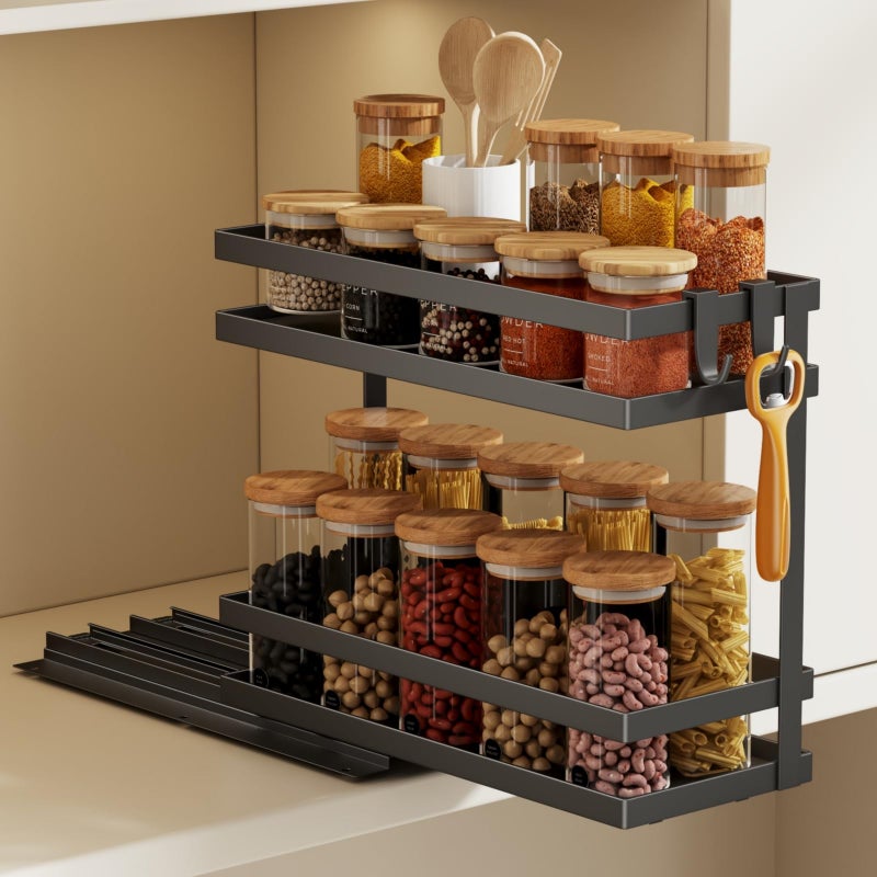 Magheo Pull Out Spice Rack Organizer for Cabinet, 1 Pack Metal Seasoning Organizer Slide Out Spice Storage Shelf No Assembly Vertical Spice Rack Pullout for Kitchen & Bahthroom No Drill(2 Tier,Black) - Image 1