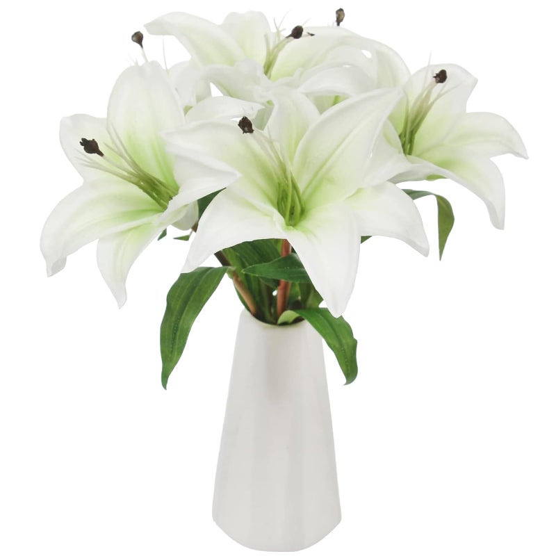 Tinsow 6 Pcs Artificial Lily Real Touch Fake Flowers Lily for Wedding Home Party Garden Shop Office Decoration Easter Lily (White, 6) - Image 1