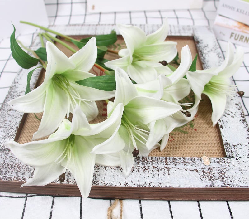 Tinsow 6 Pcs Artificial Lily Real Touch Fake Flowers Lily for Wedding Home Party Garden Shop Office Decoration Easter Lily (White, 6) - Image 4