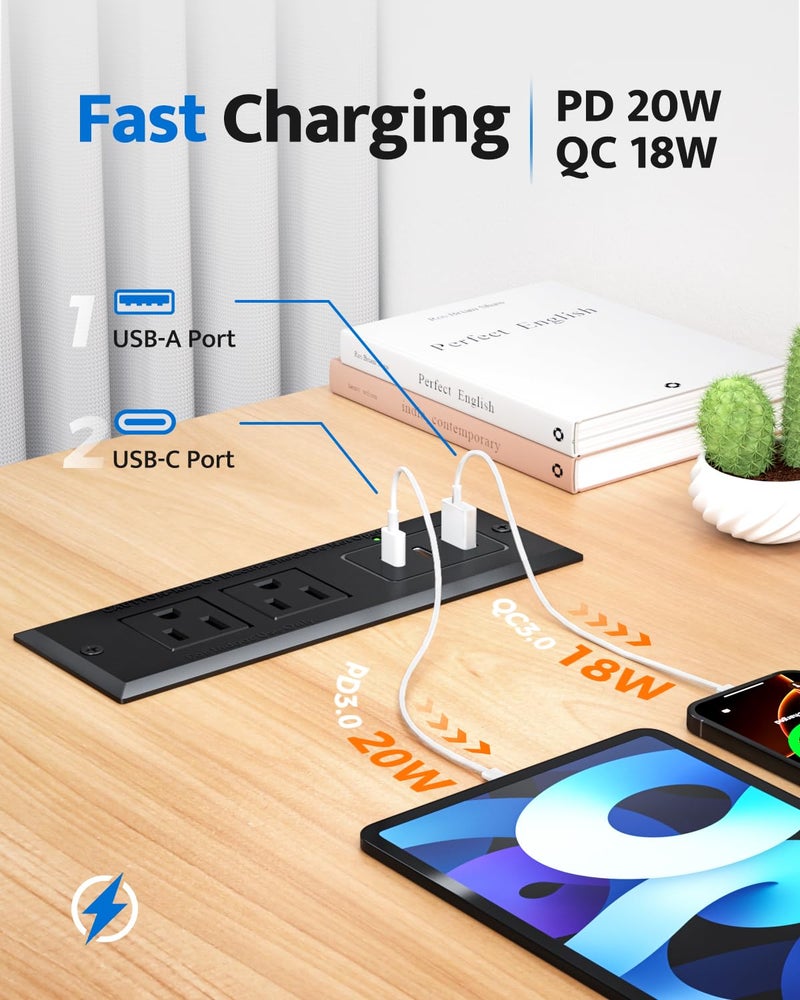 DOACE Recessed Power Strip with 20W USB C Port, Fast Charging USB A Port Conference Recessed Outlet, Space-Saver for Furniture Side Table, End Table, Desk Outlet with 6ft Cord, 45Â° Thin Flat Plug, Black - Image 3