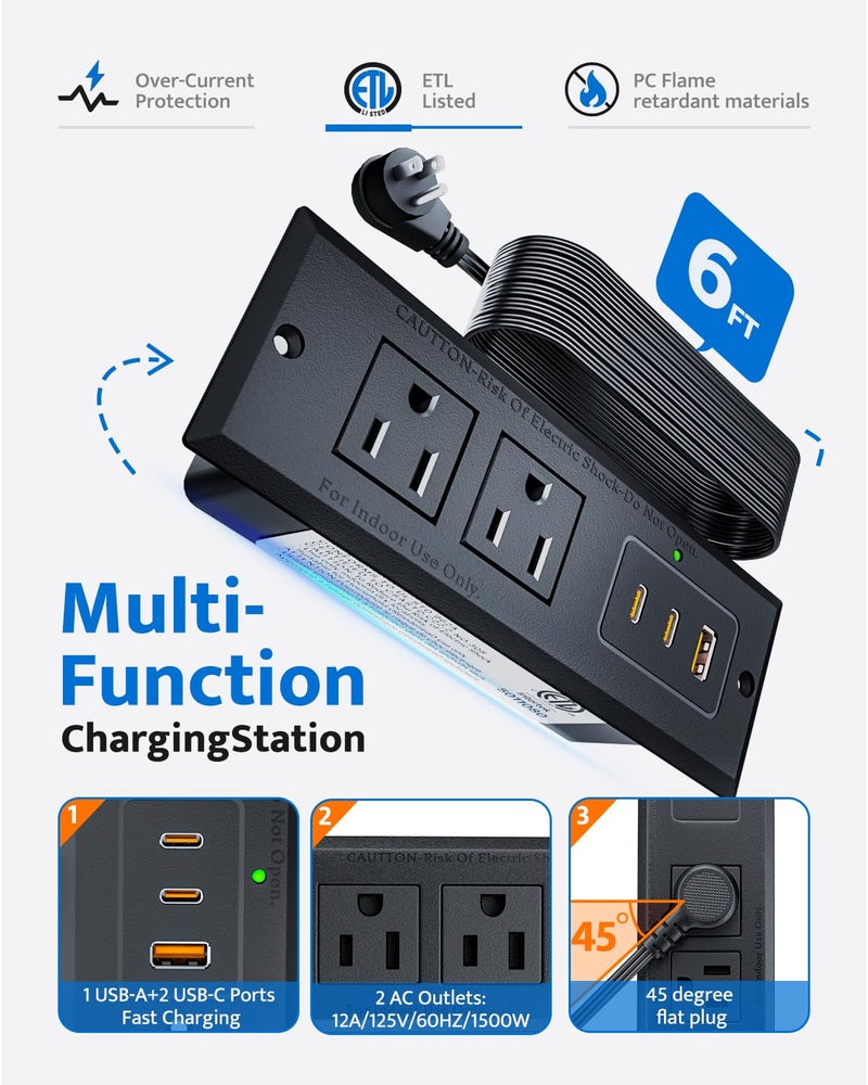 DOACE Recessed Power Strip with 20W USB C Port, Fast Charging USB A Port Conference Recessed Outlet, Space-Saver for Furniture Side Table, End Table, Desk Outlet with 6ft Cord, 45Â° Thin Flat Plug, Black - Image 4